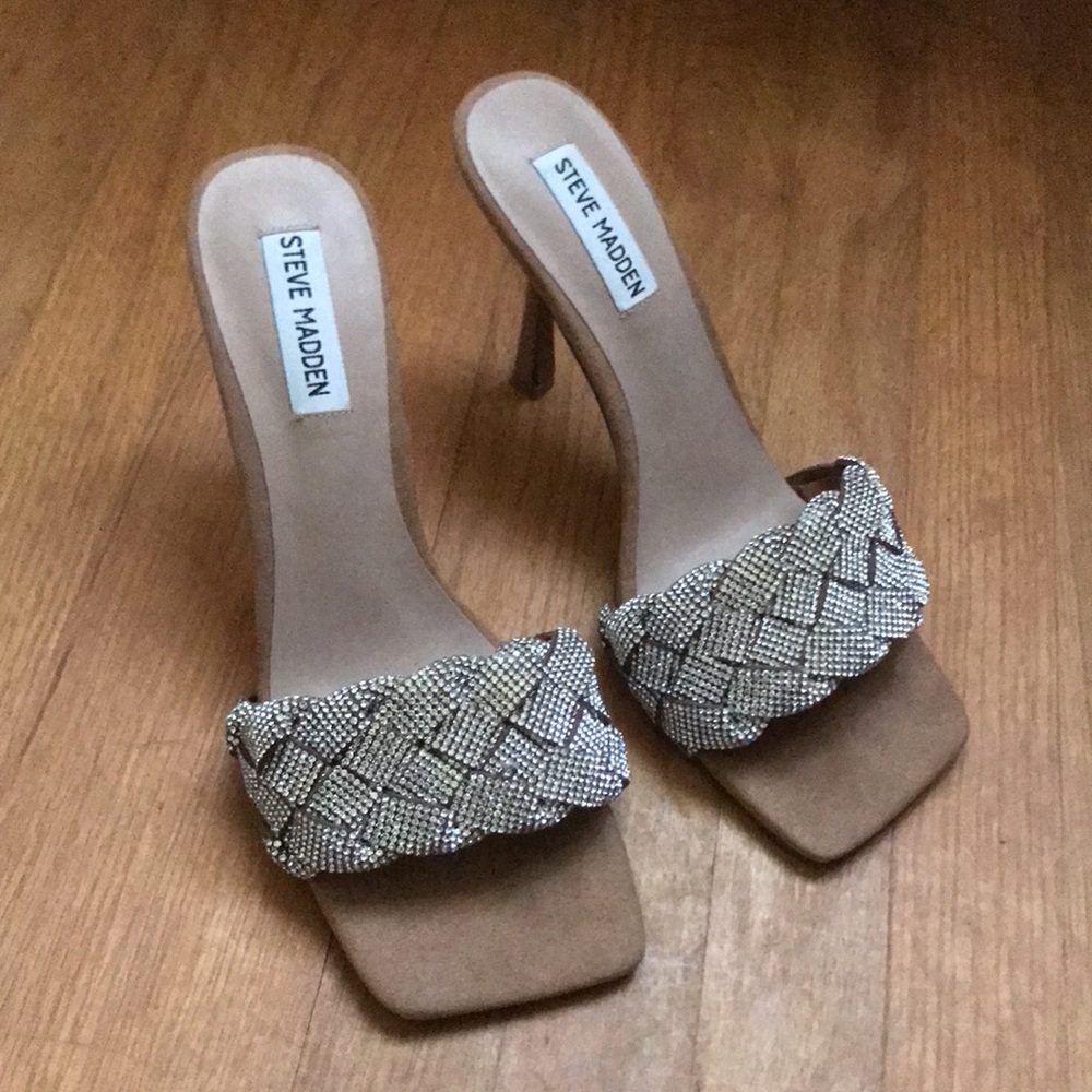Steve Madden Jazlin Rhinestone Square Open Toe Stiletto Mule Heeled Sandal - Picture 3 of 16